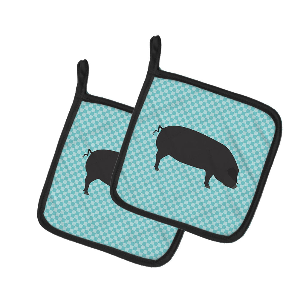 Devon Large Black Pig Blue Check Pot Holder Set of 2 Heat Resistant Quilted Hot Pads 7.5 x 7.5 Inch, Insulated Kitchen Trivets for Cooking & Baking