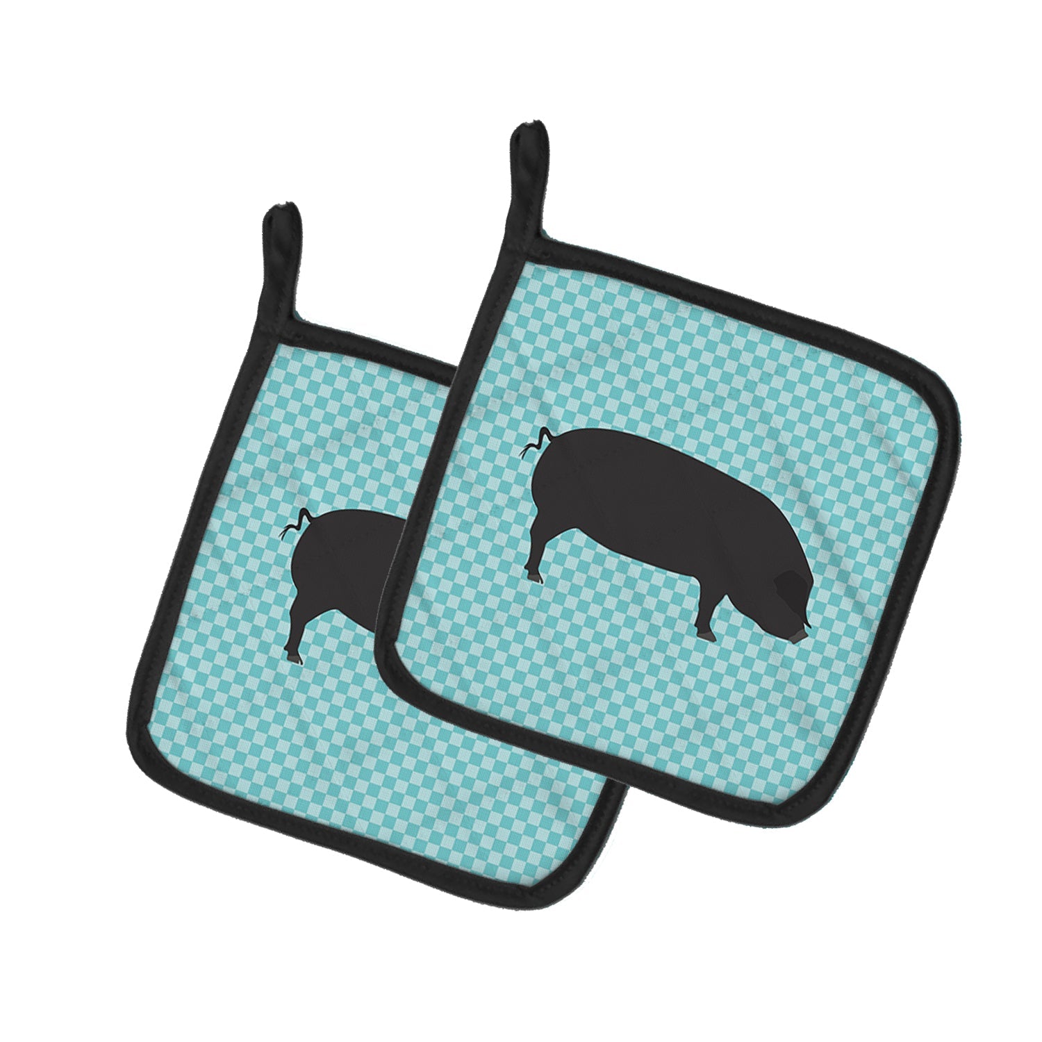 Devon Large Black Pig Blue Check Pot Holder Set of 2 Heat Resistant Quilted Hot Pads 7.5 x 7.5 Inch, Insulated Kitchen Trivets for Cooking & Baking