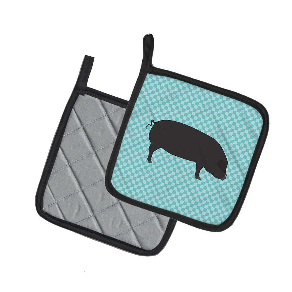 Devon Large Black Pig Blue Check Pot Holder Set of 2 Heat Resistant Quilted Hot Pads 7.5 x 7.5 Inch, Insulated Kitchen Trivets for Cooking & Baking