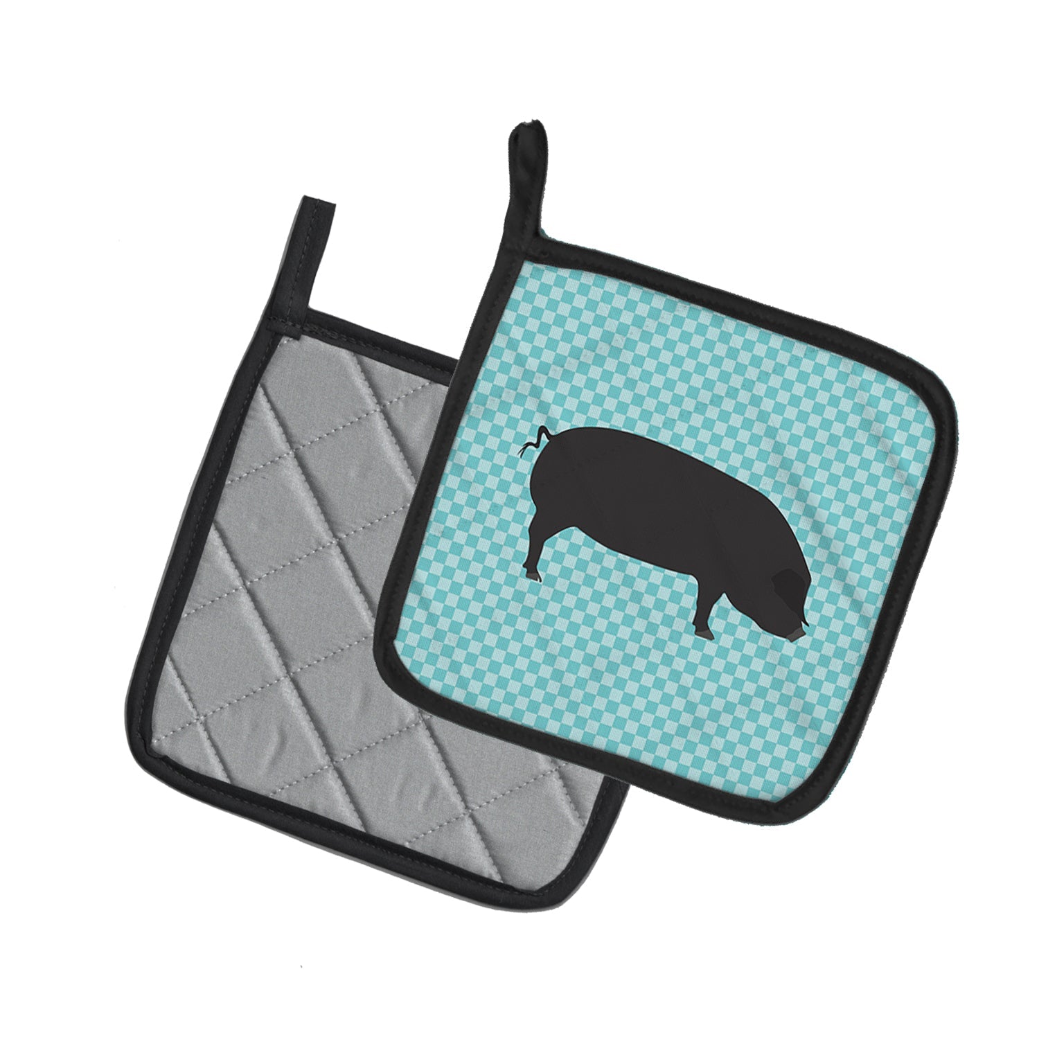 Devon Large Black Pig Blue Check Pot Holder Set of 2 Heat Resistant Quilted Hot Pads 7.5 x 7.5 Inch, Insulated Kitchen Trivets for Cooking & Baking