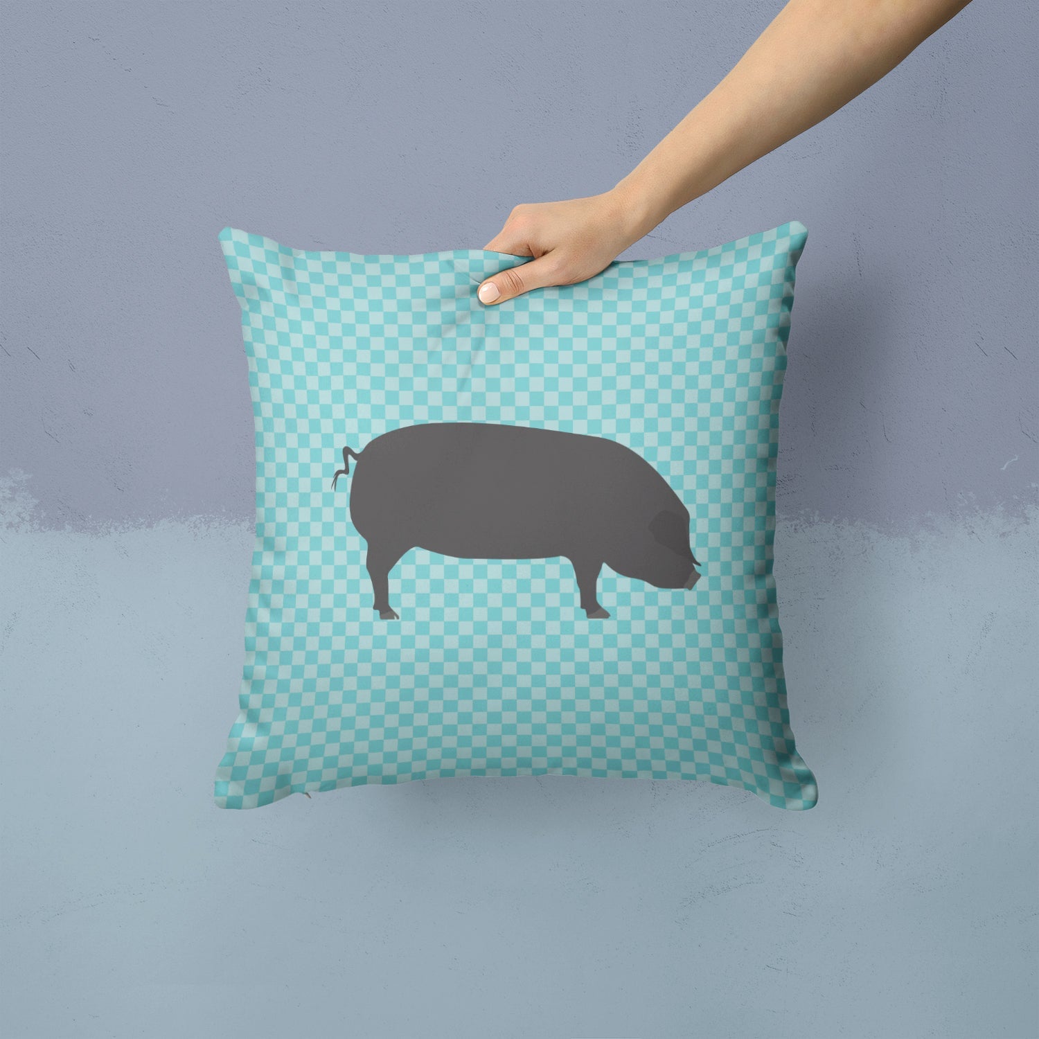 Devon Large Black Pig Blue Check Decorative Throw Pillow 14x14 Indoor Outdoor Accent Cushion, Fabric Cover with Insert for Sofa, Bed, Porch & Living Room
