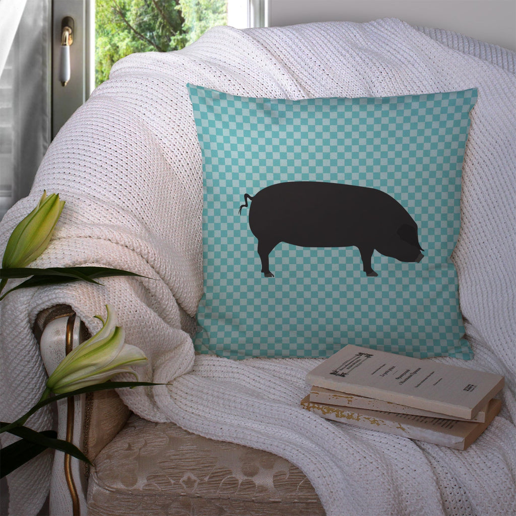 Devon Large Black Pig Blue Check Decorative Throw Pillow 14x14 Indoor Outdoor Accent Cushion, Fabric Cover with Insert for Sofa, Bed, Porch & Living Room