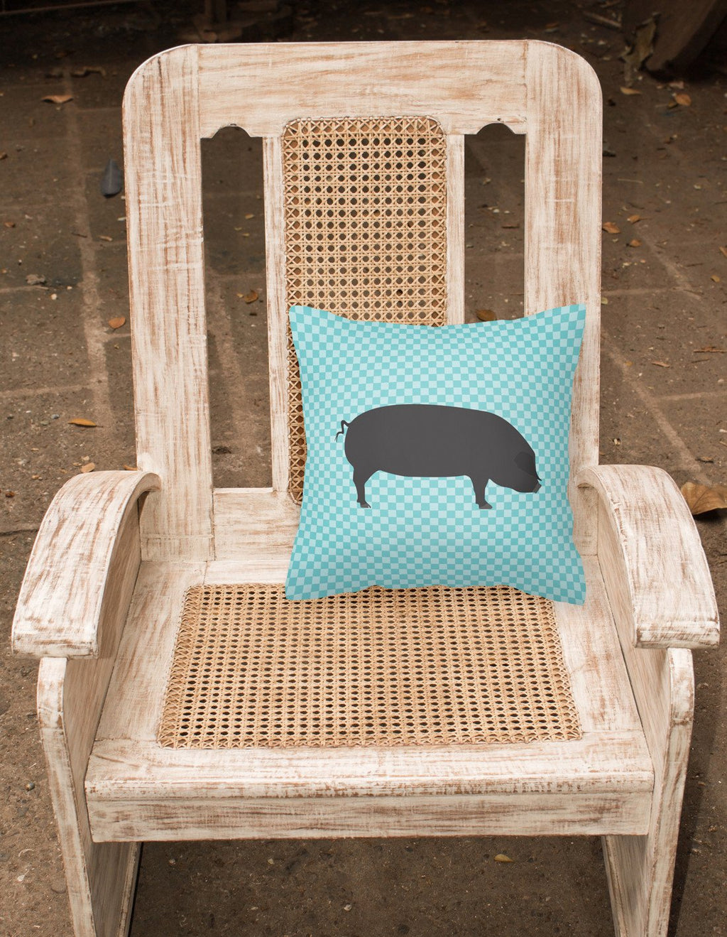 Devon Large Black Pig Blue Check Decorative Throw Pillow 18x18 Indoor Outdoor Accent Cushion, Fabric Cover with Insert for Sofa, Bed, Porch & Living Room