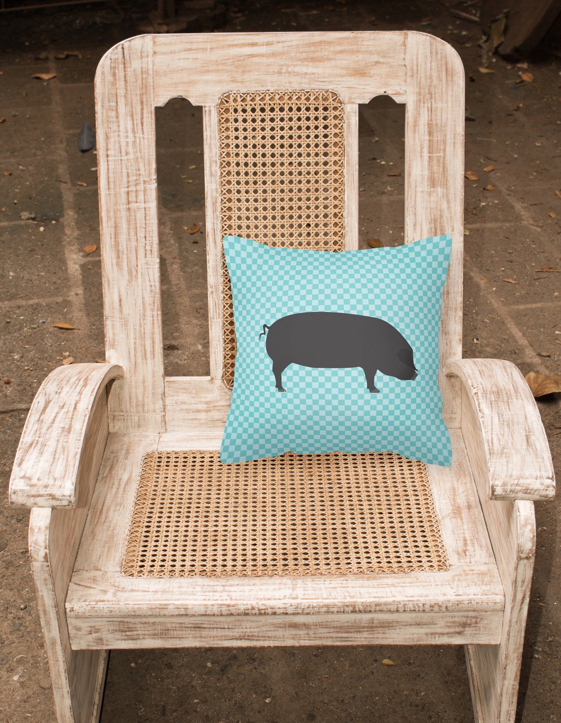 Devon Large Black Pig Blue Check Decorative Throw Pillow 18x18 Indoor Outdoor Accent Cushion, Fabric Cover with Insert for Sofa, Bed, Porch & Living Room