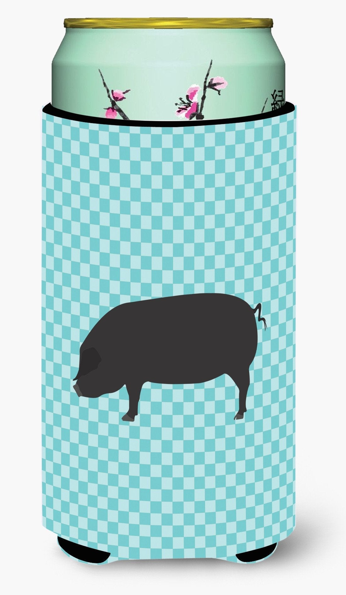 Devon Large Black Pig Blue Check Tall Boy Hugger Can Cooler Sleeve Machine Washable Drink Collapsible Insulator Beverage Insulated Holder
