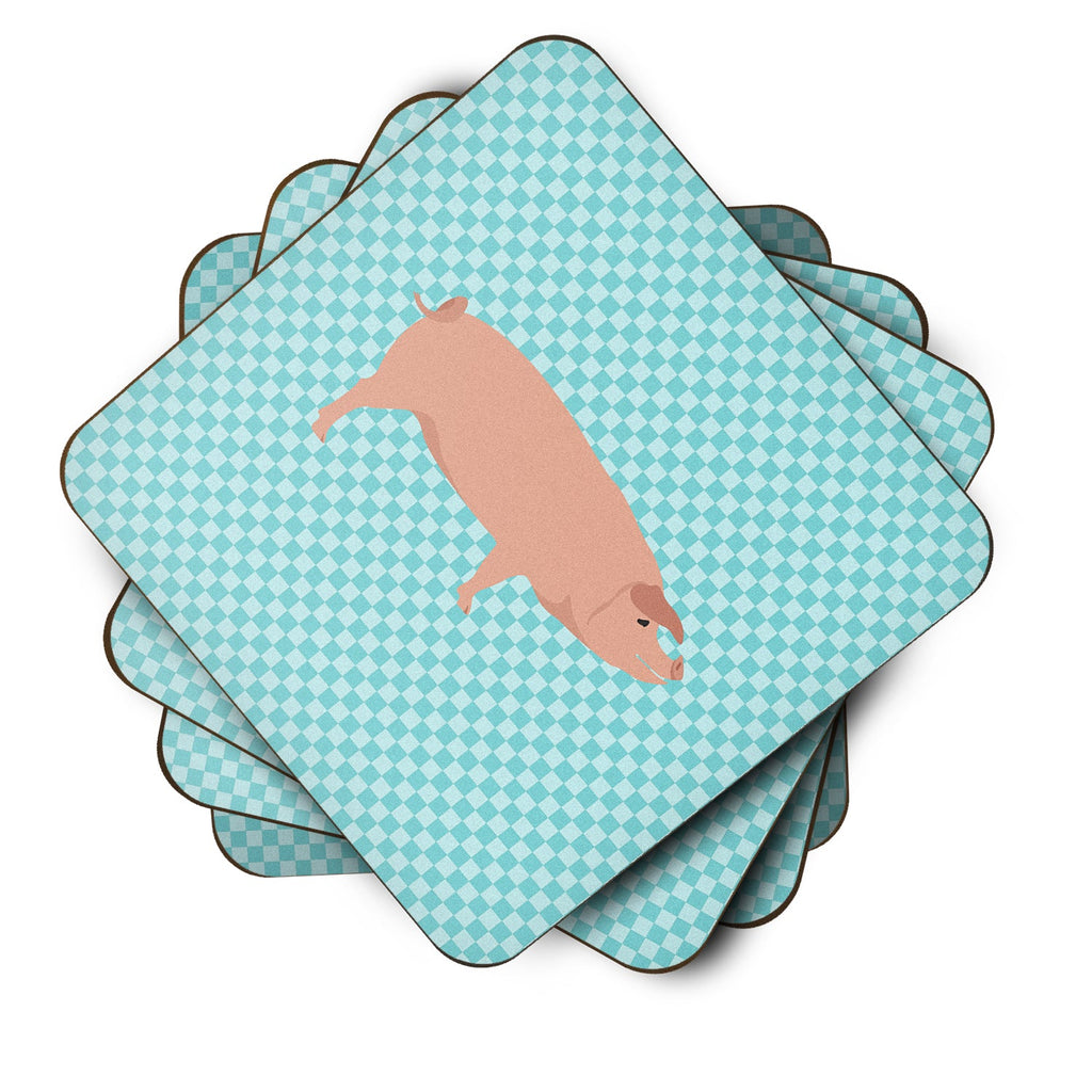 American Landrace Pig Blue Check Foam Coasters Set of 4 Cup Coasters for Indoor Outdoor, Tabletop Protection, Anti Slip, Mouse pad Material