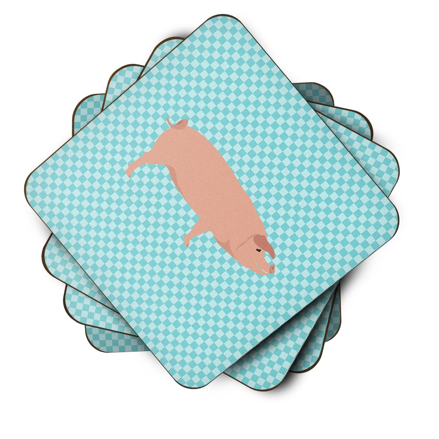 American Landrace Pig Blue Check Foam Coasters Set of 4 Cup Coasters for Indoor Outdoor, Tabletop Protection, Anti Slip, Mouse pad Material