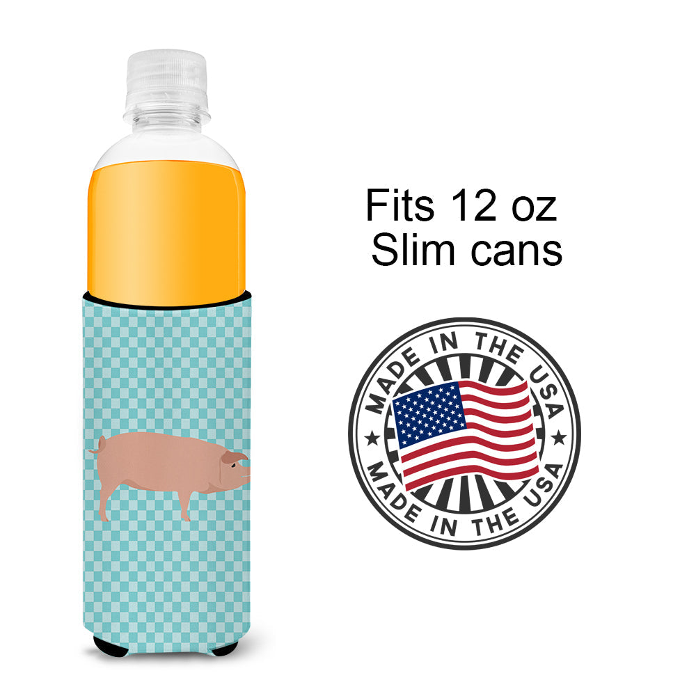 American Landrace Pig Blue Check Slim Can Hugger , Insulated Foam Hugger for 12 oz Slim Cans, Beer Bottles & Water Bottles, Printed in USA