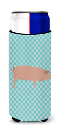American Landrace Pig Blue Check Slim Can Hugger , Insulated Foam Hugger for 12 oz Slim Cans, Beer Bottles & Water Bottles, Printed in USA