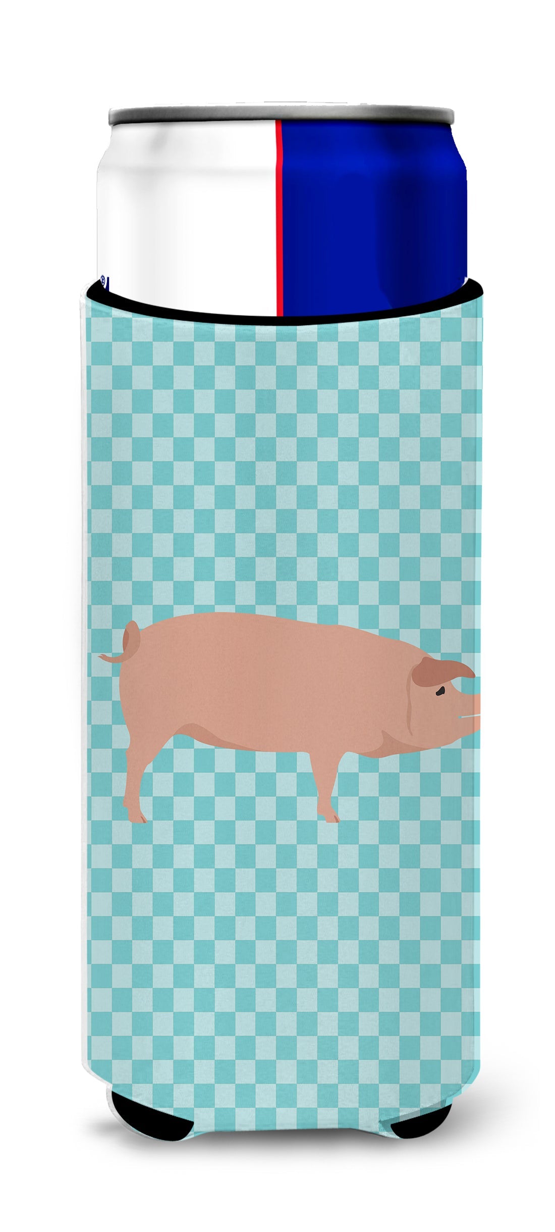 American Landrace Pig Blue Check Slim Can Hugger , Insulated Foam Hugger for 12 oz Slim Cans, Beer Bottles & Water Bottles, Printed in USA