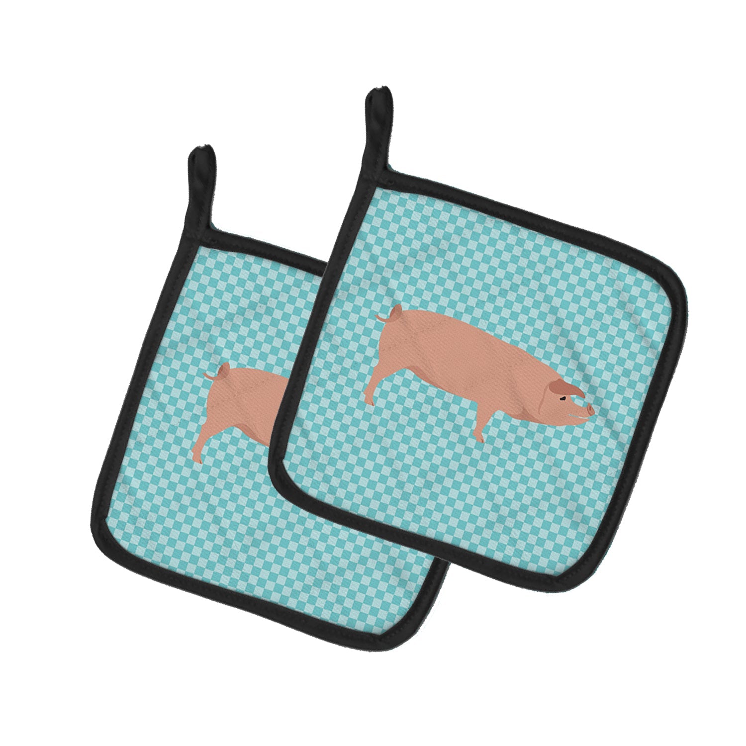 American Landrace Pig Blue Check Pot Holder Set of 2 Heat Resistant Quilted Hot Pads 7.5 x 7.5 Inch, Insulated Kitchen Trivets for Cooking & Baking