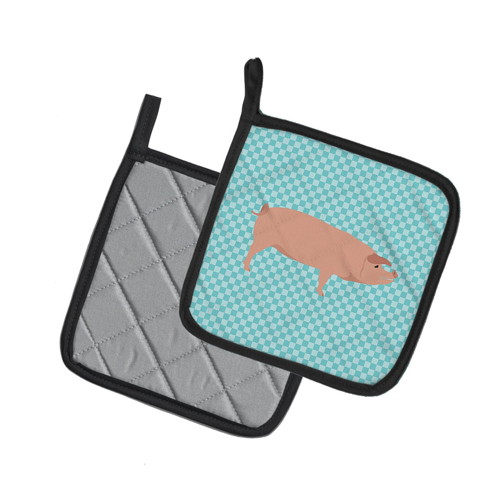American Landrace Pig Blue Check Pot Holder Set of 2 Heat Resistant Quilted Hot Pads 7.5 x 7.5 Inch, Insulated Kitchen Trivets for Cooking & Baking
