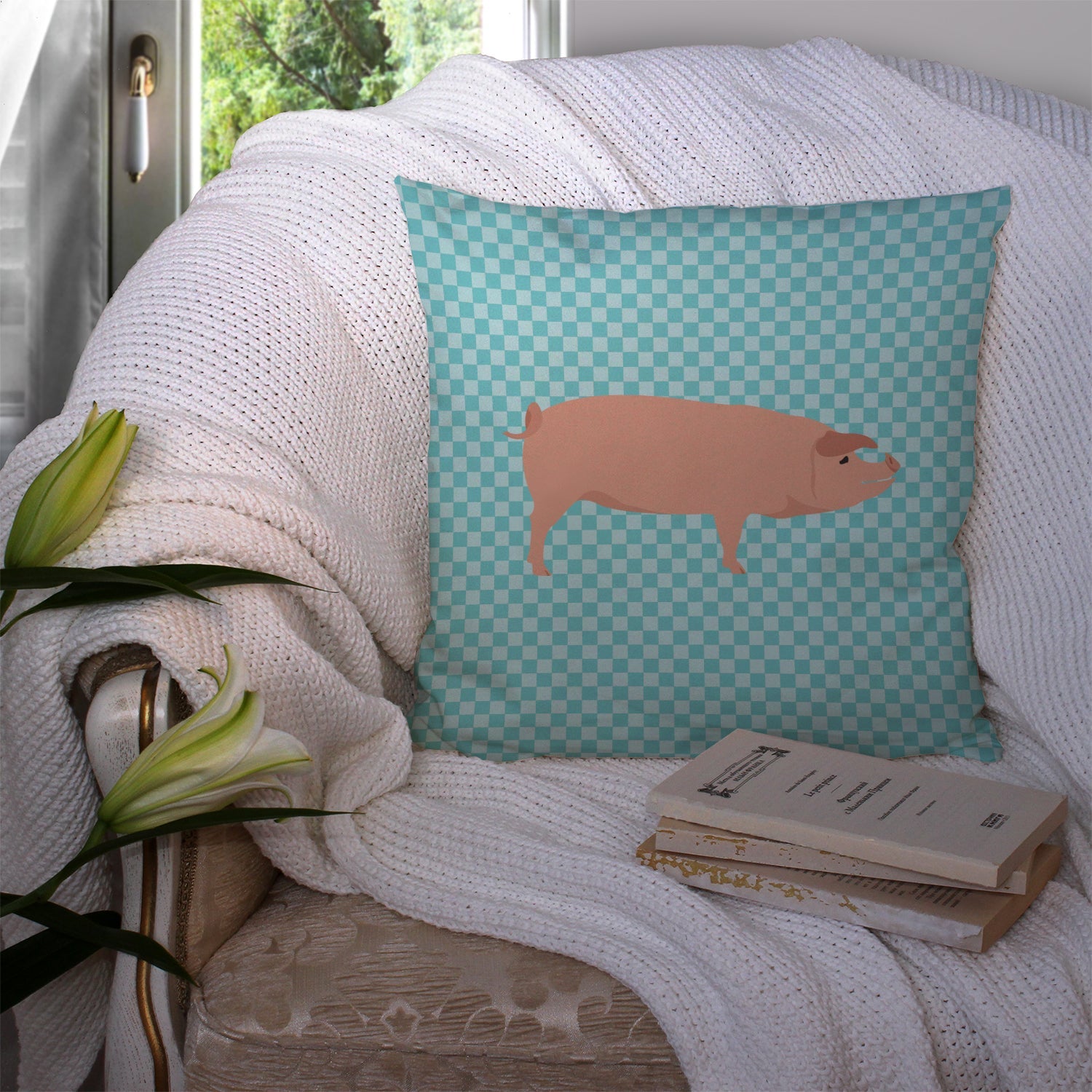American Landrace Pig Blue Check Decorative Throw Pillow 14x14 Indoor Outdoor Accent Cushion, Fabric Cover with Insert for Sofa, Bed, Porch & Living Room