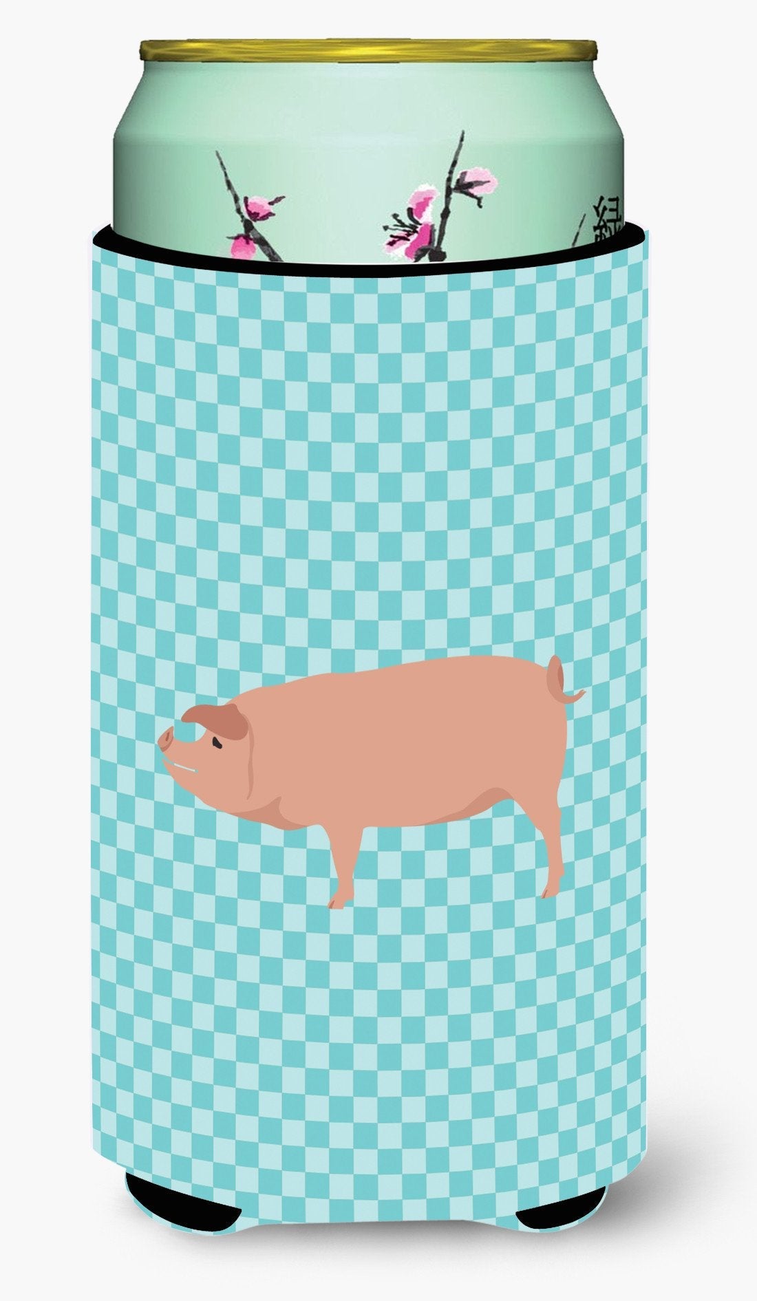 American Landrace Pig Blue Check Tall Boy Hugger Can Cooler Sleeve Machine Washable Drink Collapsible Insulator Beverage Insulated Holder