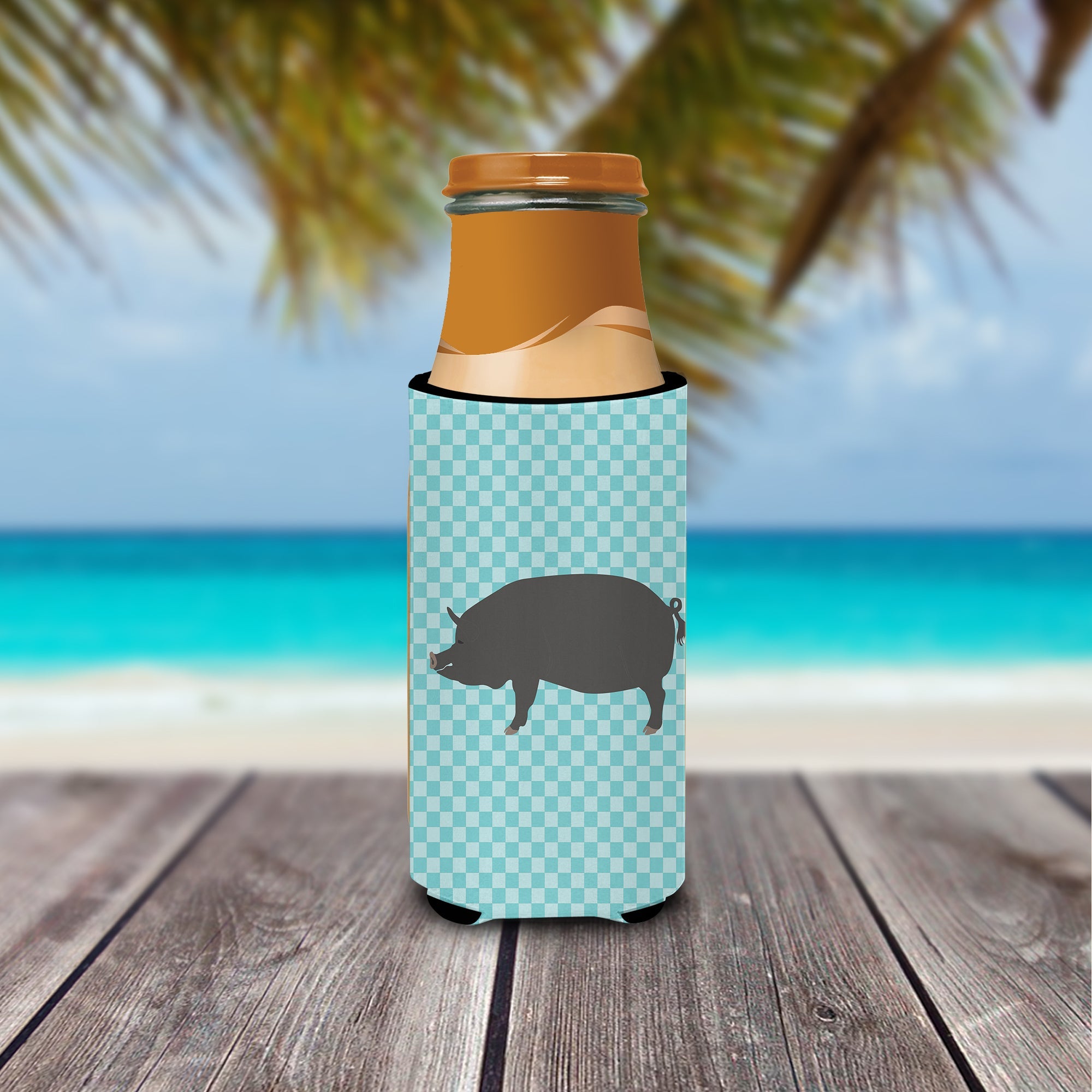 Berkshire Pig Blue Check Slim Can Hugger , Insulated Foam Hugger for 12 oz Slim Cans, Beer Bottles & Water Bottles, Printed in USA