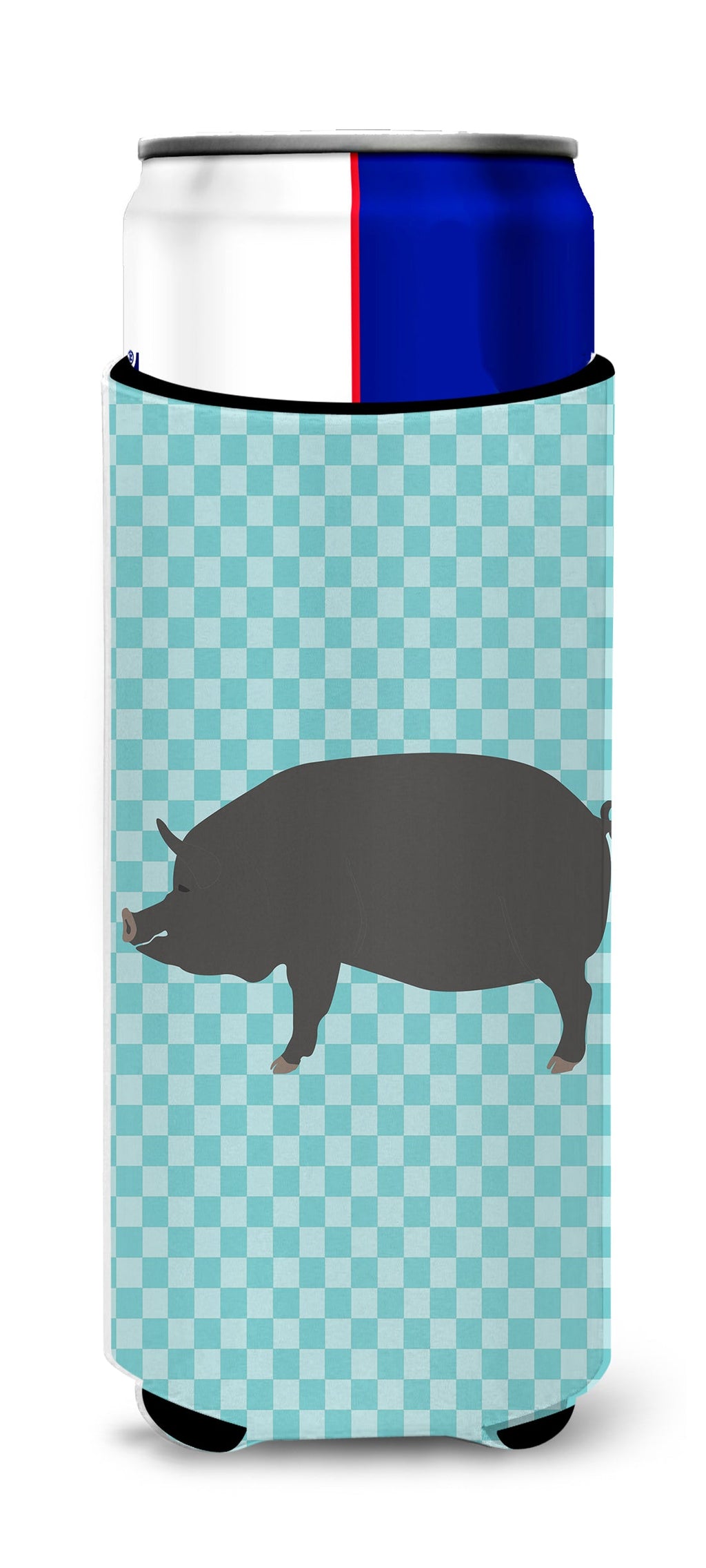 Berkshire Pig Blue Check Slim Can Hugger , Insulated Foam Hugger for 12 oz Slim Cans, Beer Bottles & Water Bottles, Printed in USA