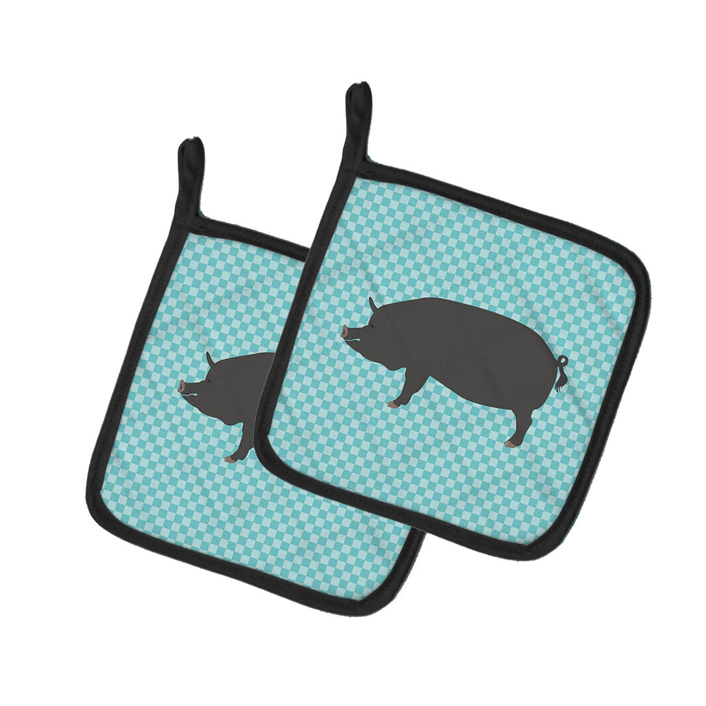 Berkshire Pig Blue Check Pot Holder Set of 2 Heat Resistant Quilted Hot Pads 7.5 x 7.5 Inch, Insulated Kitchen Trivets for Cooking & Baking
