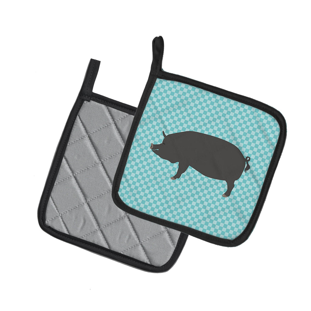 Berkshire Pig Blue Check Pot Holder Set of 2 Heat Resistant Quilted Hot Pads 7.5 x 7.5 Inch, Insulated Kitchen Trivets for Cooking & Baking