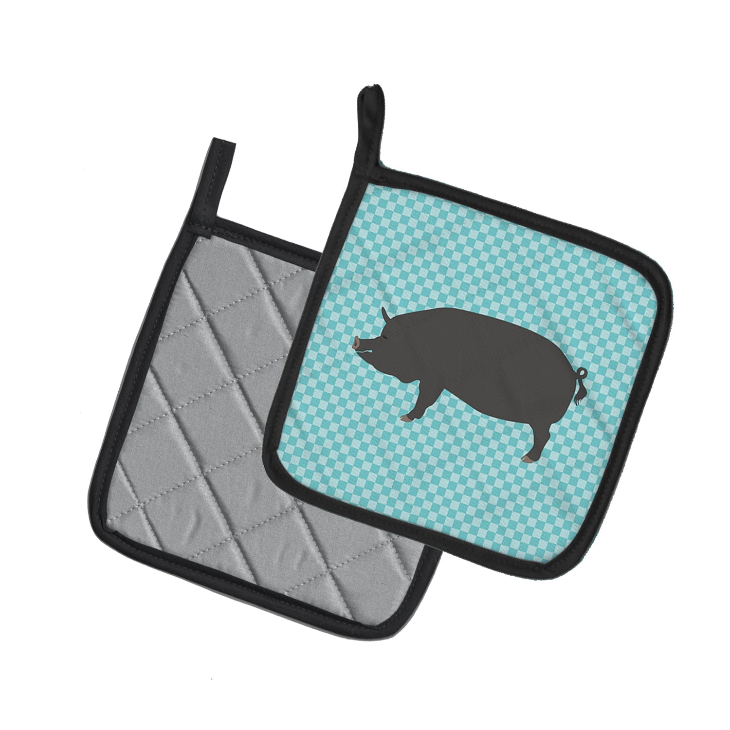 Berkshire Pig Blue Check Pot Holder Set of 2 Heat Resistant Quilted Hot Pads 7.5 x 7.5 Inch, Insulated Kitchen Trivets for Cooking & Baking
