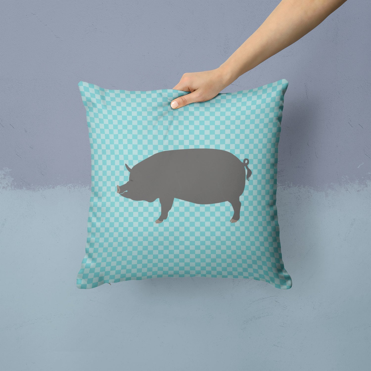 Berkshire Pig Blue Check Decorative Throw Pillow 14x14 Indoor Outdoor Accent Cushion, Fabric Cover with Insert for Sofa, Bed, Porch & Living Room