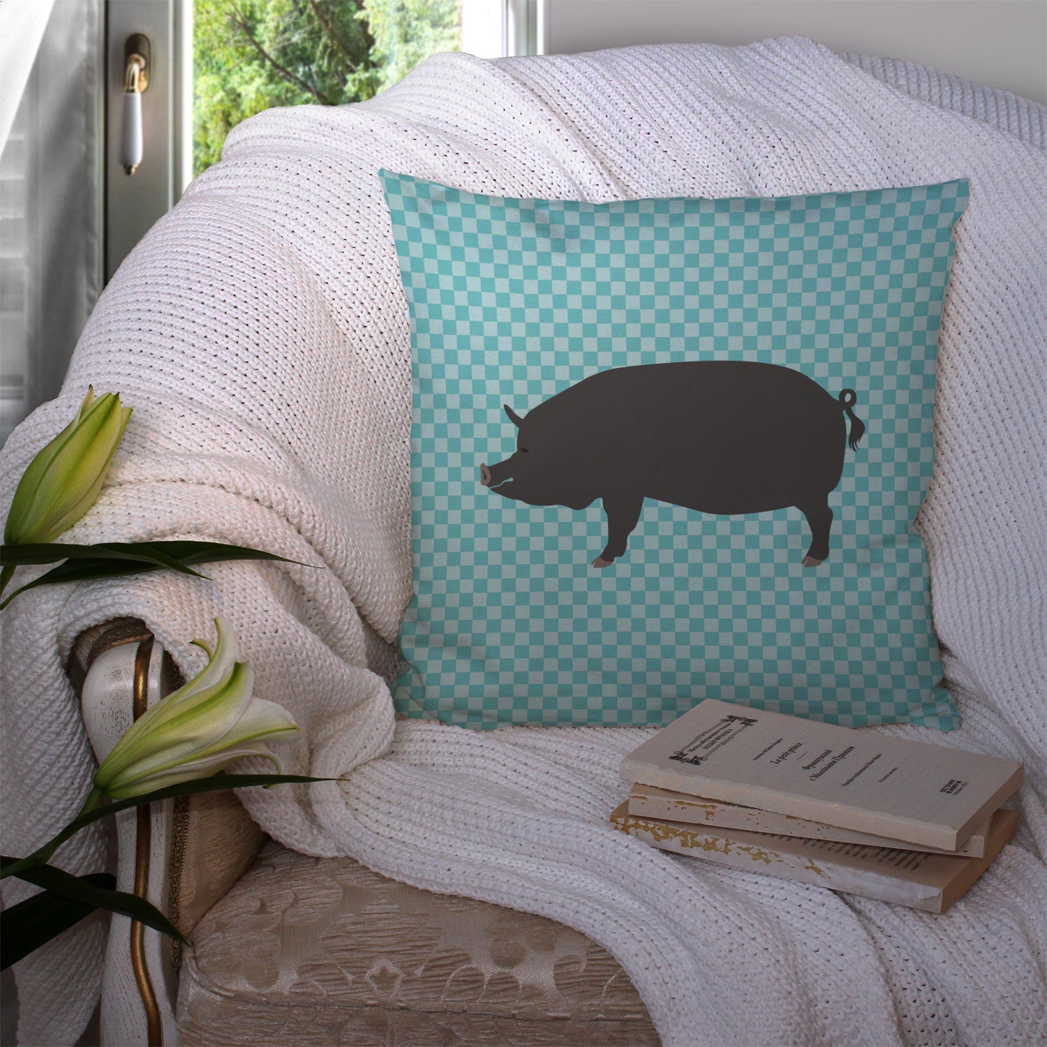 Berkshire Pig Blue Check Decorative Throw Pillow 14x14 Indoor Outdoor Accent Cushion, Fabric Cover with Insert for Sofa, Bed, Porch & Living Room