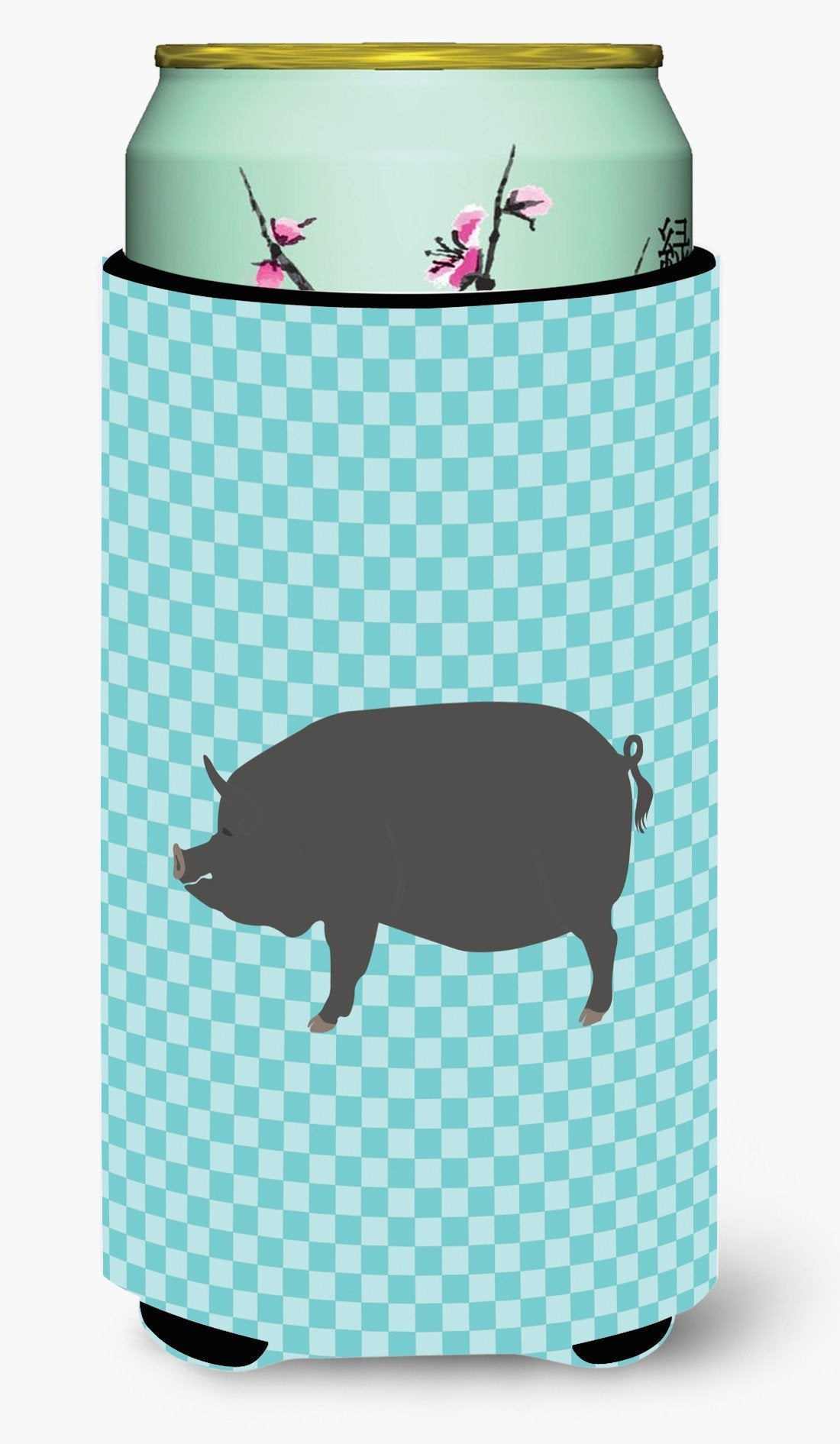 Berkshire Pig Blue Check Tall Boy Hugger Can Cooler Sleeve Machine Washable Drink Collapsible Insulator Beverage Insulated Holder