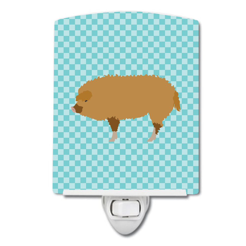 Hungarian Mangalica Pig Blue Check Ceramic Night Light Compact, UL-Certified, Ideal for Bedroom, Bathroom, Nursery, Hallway, Kitchen, 6x4x3, Multicolor