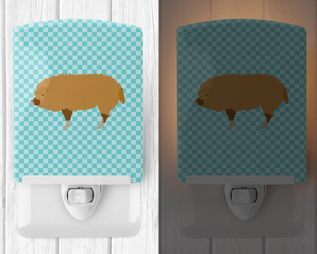 Hungarian Mangalica Pig Blue Check Ceramic Night Light Compact, UL-Certified, Ideal for Bedroom, Bathroom, Nursery, Hallway, Kitchen, 6x4x3, Multicolor
