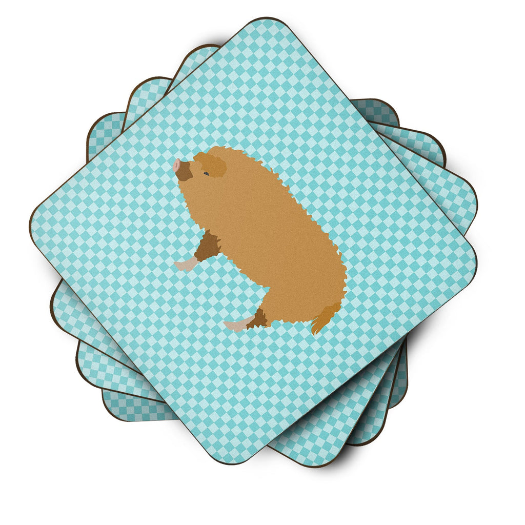 Hungarian Mangalica Pig Blue Check Foam Coasters Set of 4 Cup Coasters for Indoor Outdoor, Tabletop Protection, Anti Slip, Mouse pad Material