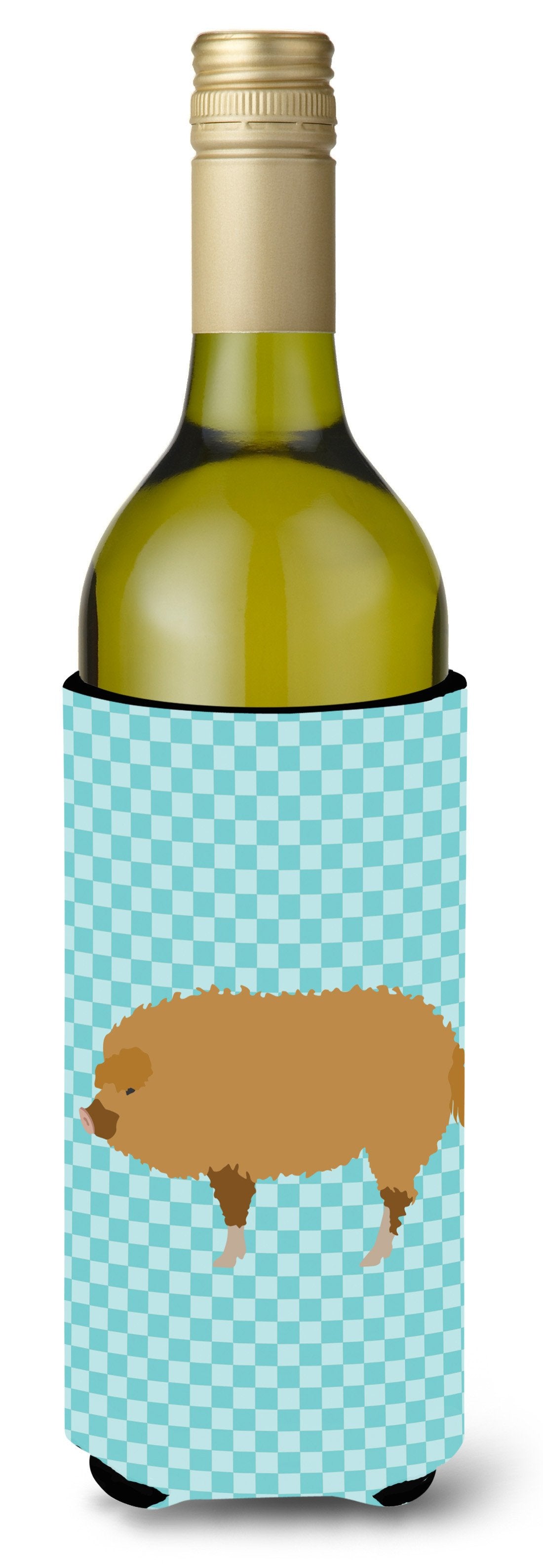 Hungarian Mangalica Pig Blue Check Wine Bottle Hugger Gift Sleeve for Standard 750 ml Bottles, Insulated Reusable Also Fits Mini Shot & Pint Bottles