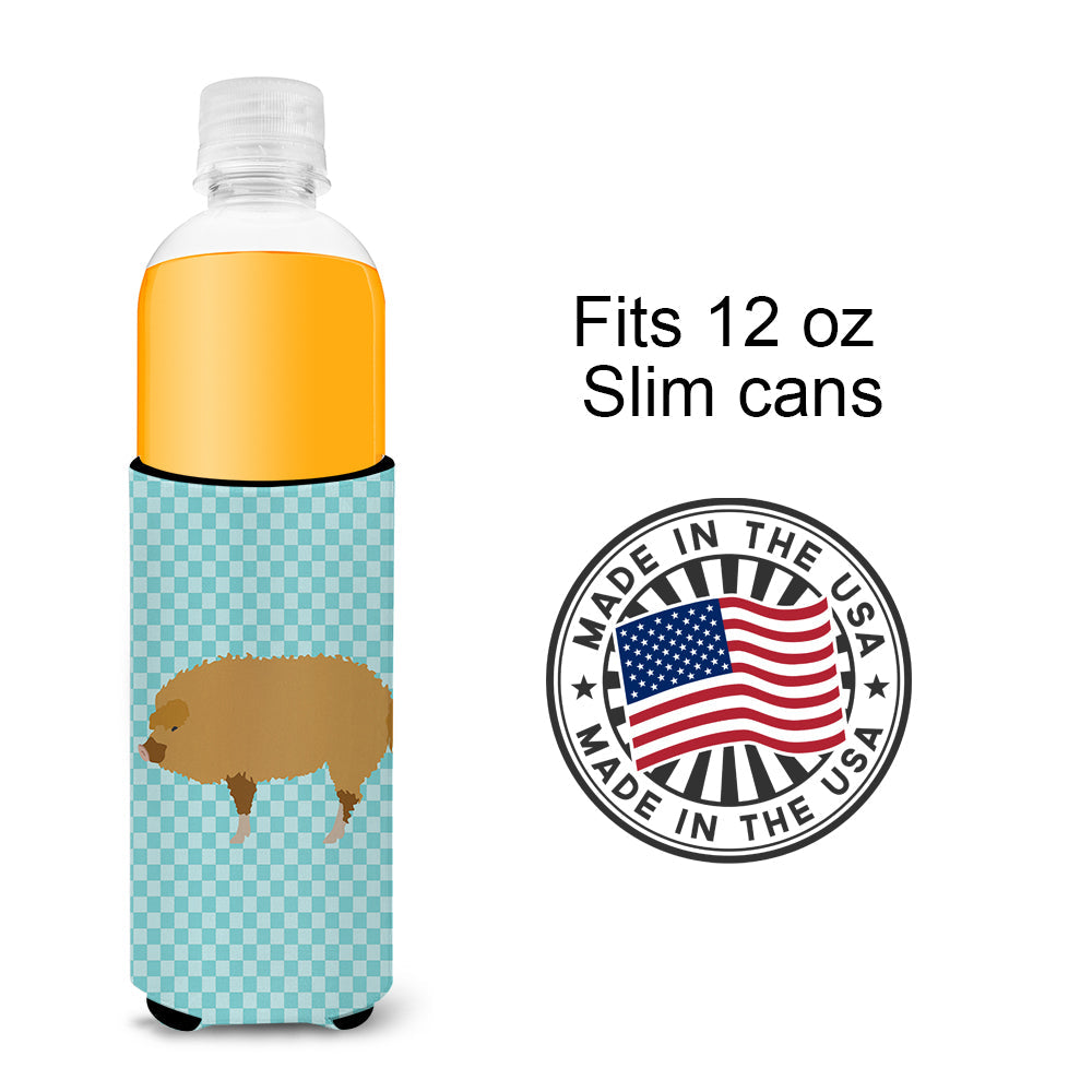 Hungarian Mangalica Pig Blue Check Slim Can Hugger , Insulated Foam Hugger for 12 oz Slim Cans, Beer Bottles & Water Bottles, Printed in USA