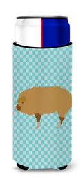 Hungarian Mangalica Pig Blue Check Slim Can Hugger , Insulated Foam Hugger for 12 oz Slim Cans, Beer Bottles & Water Bottles, Printed in USA