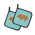Hungarian Mangalica Pig Blue Check Pot Holder Set of 2 Heat Resistant Quilted Hot Pads 7.5 x 7.5 Inch, Insulated Kitchen Trivets for Cooking & Baking