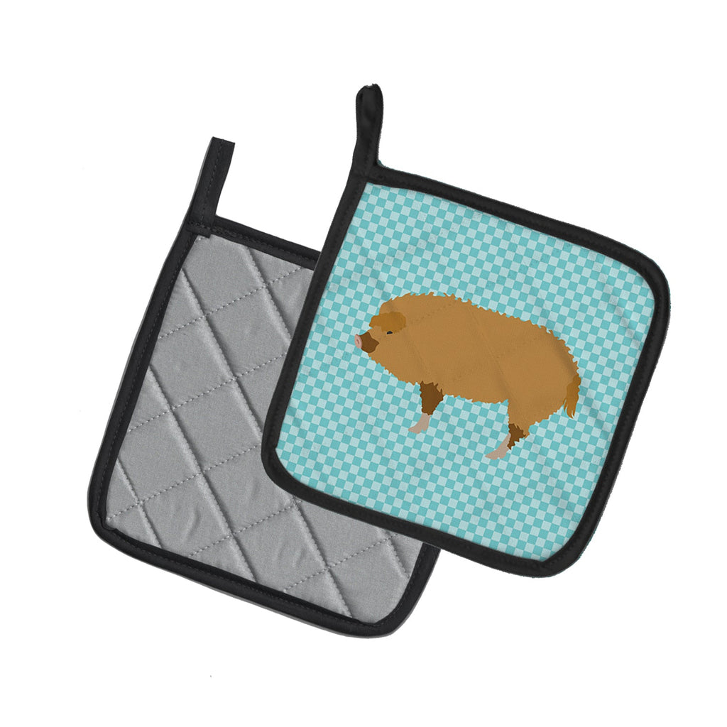 Hungarian Mangalica Pig Blue Check Pot Holder Set of 2 Heat Resistant Quilted Hot Pads 7.5 x 7.5 Inch, Insulated Kitchen Trivets for Cooking & Baking
