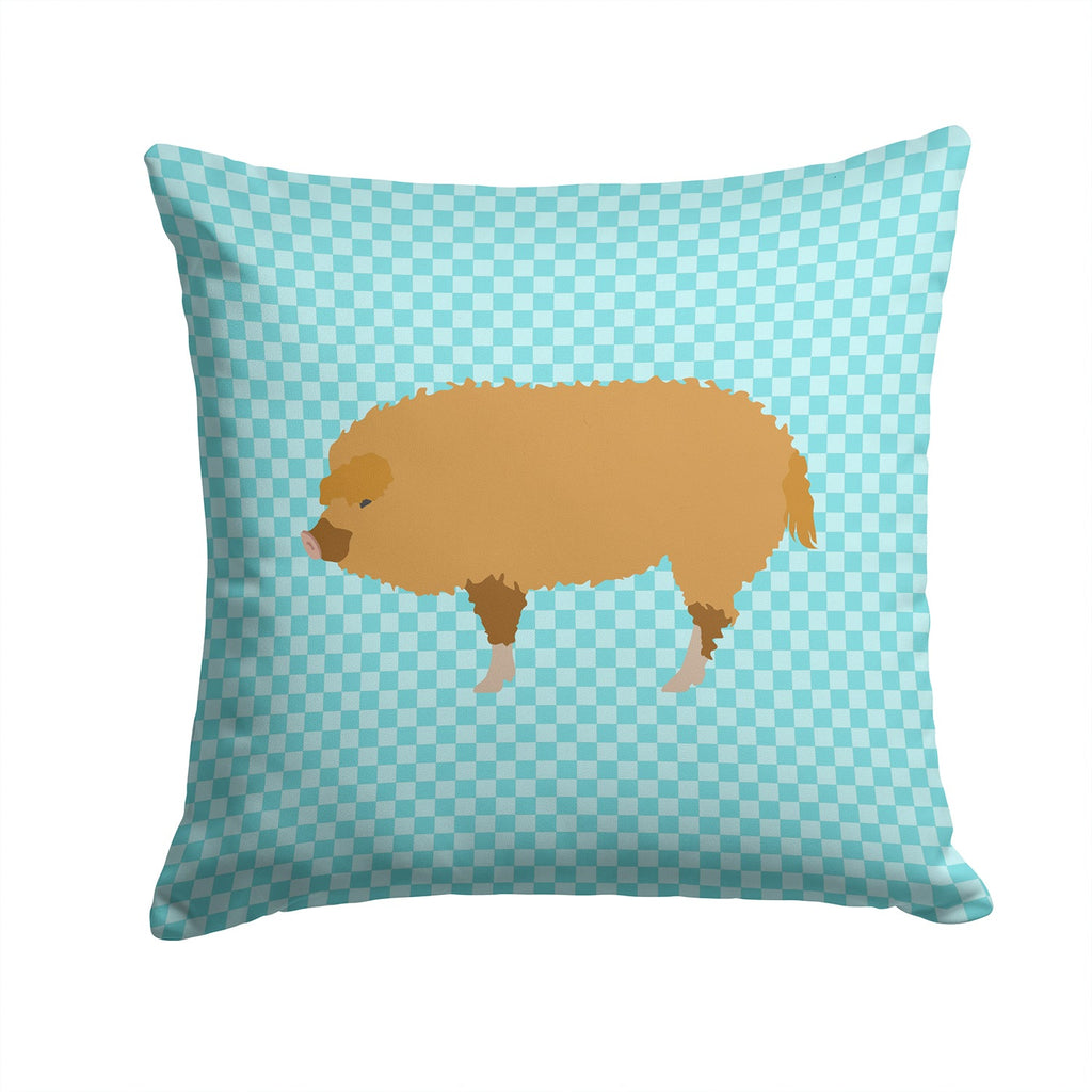 Hungarian Mangalica Pig Blue Check Decorative Throw Pillow 14x14 Indoor Outdoor Accent Cushion, Fabric Cover with Insert for Sofa, Bed, Porch & Living Room