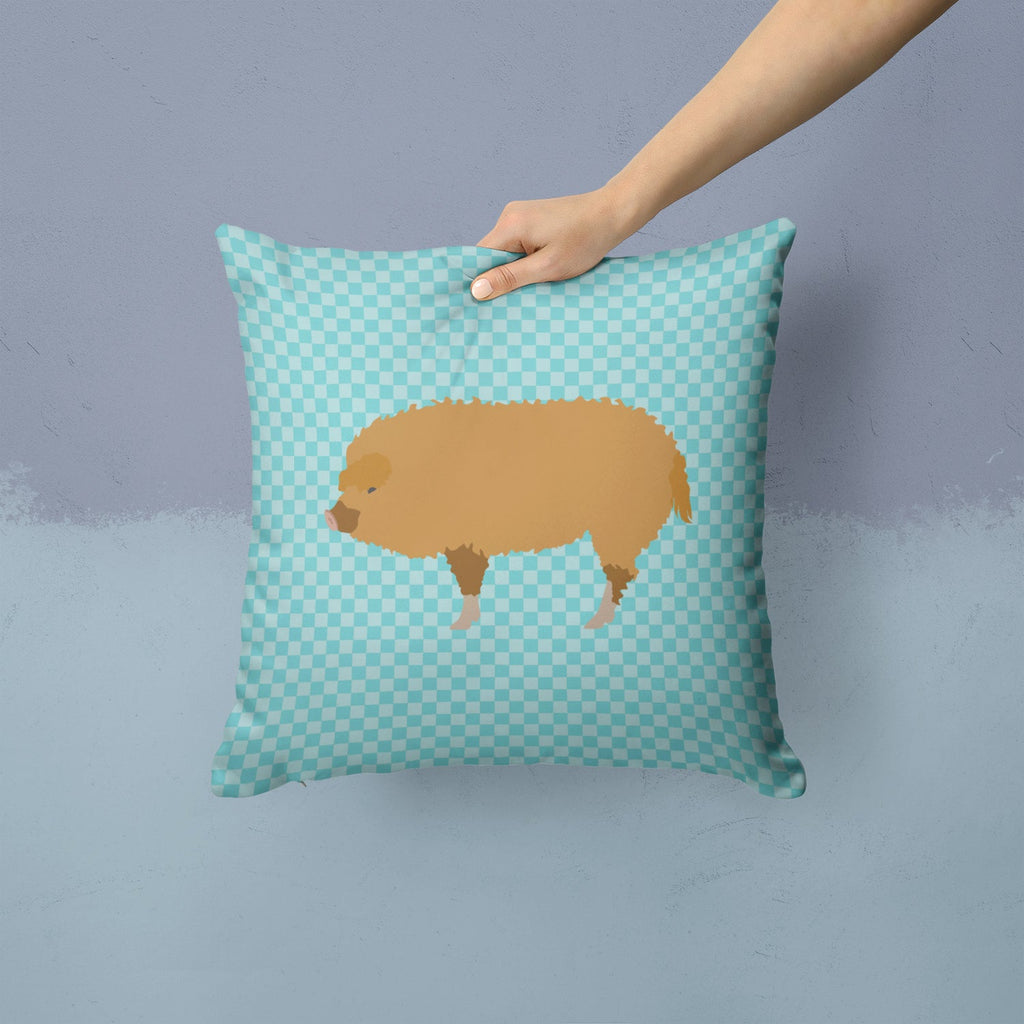 Hungarian Mangalica Pig Blue Check Decorative Throw Pillow 14x14 Indoor Outdoor Accent Cushion, Fabric Cover with Insert for Sofa, Bed, Porch & Living Room