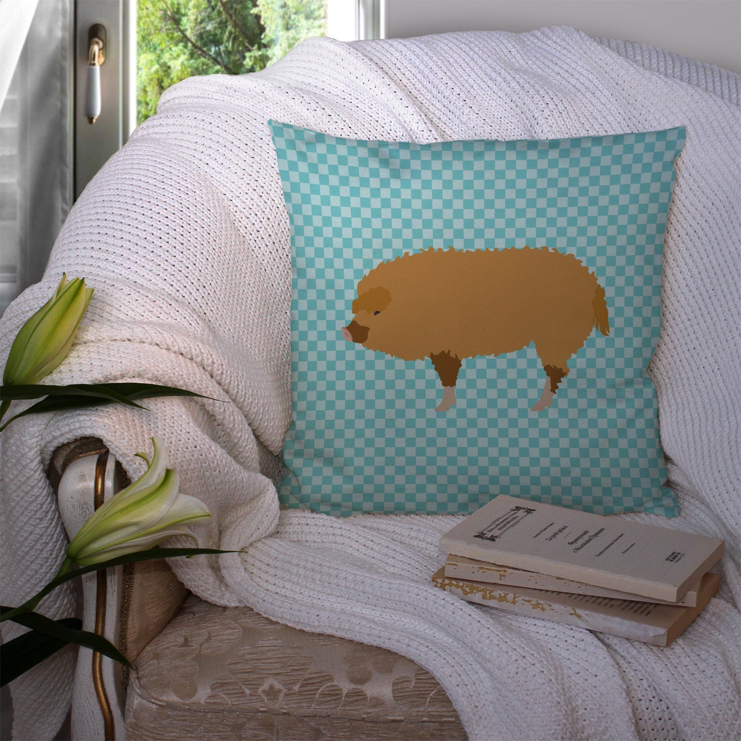 Hungarian Mangalica Pig Blue Check Decorative Throw Pillow 14x14 Indoor Outdoor Accent Cushion, Fabric Cover with Insert for Sofa, Bed, Porch & Living Room