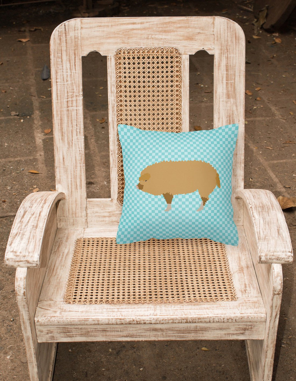 Hungarian Mangalica Pig Blue Check Decorative Throw Pillow 18x18 Indoor Outdoor Accent Cushion, Fabric Cover with Insert for Sofa, Bed, Porch & Living Room
