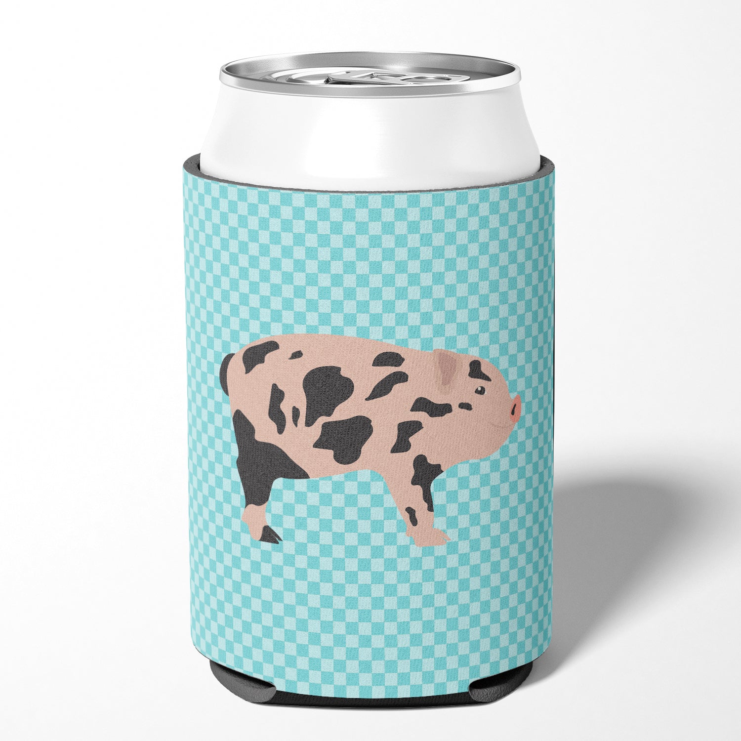 Mini Miniature Pig Blue Check Can or Bottle Hugger Cooler Sleeve for Standard 12 oz Cans, Insulated Foam Beer & Soda Can Hugger Reusable