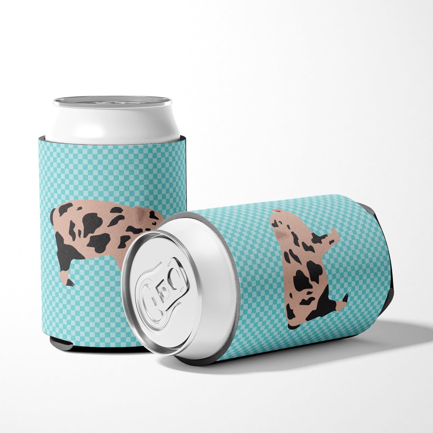 Mini Miniature Pig Blue Check Can or Bottle Hugger Cooler Sleeve for Standard 12 oz Cans, Insulated Foam Beer & Soda Can Hugger Reusable