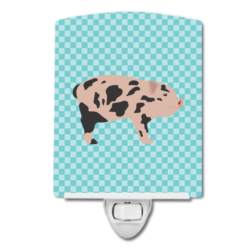 Mini Miniature Pig Blue Check Ceramic Night Light Compact, UL-Certified, Ideal for Bedroom, Bathroom, Nursery, Hallway, Kitchen, 6x4x3, Multicolor