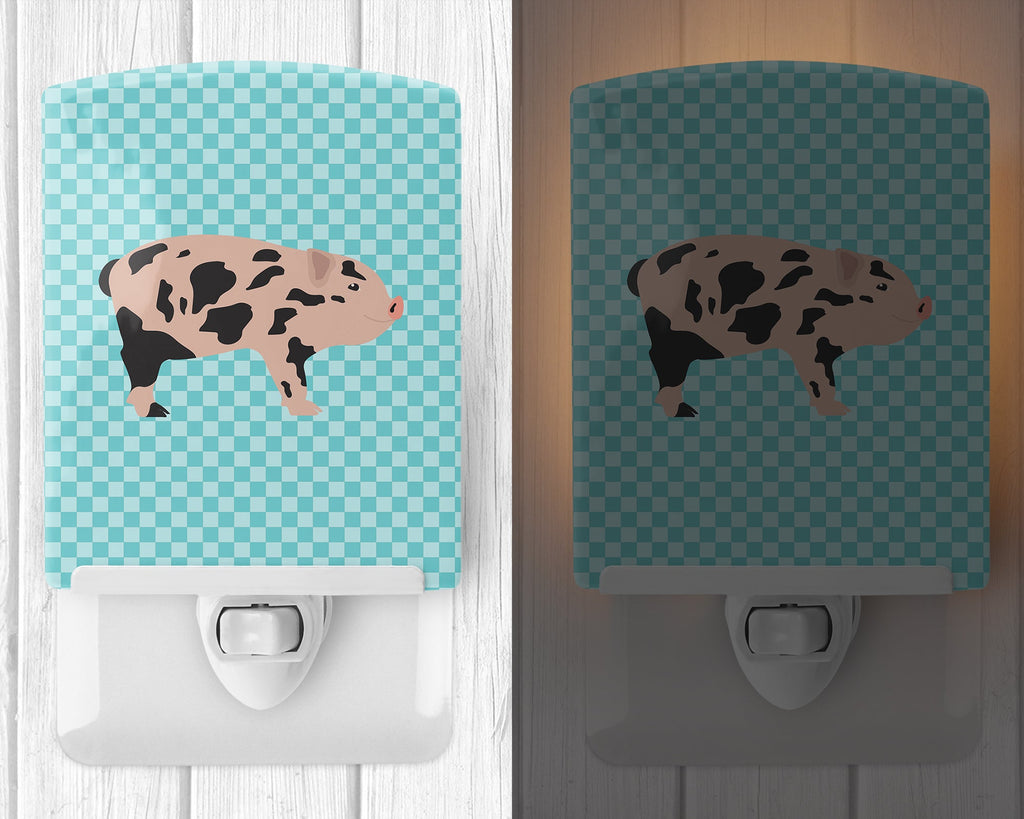 Mini Miniature Pig Blue Check Ceramic Night Light Compact, UL-Certified, Ideal for Bedroom, Bathroom, Nursery, Hallway, Kitchen, 6x4x3, Multicolor