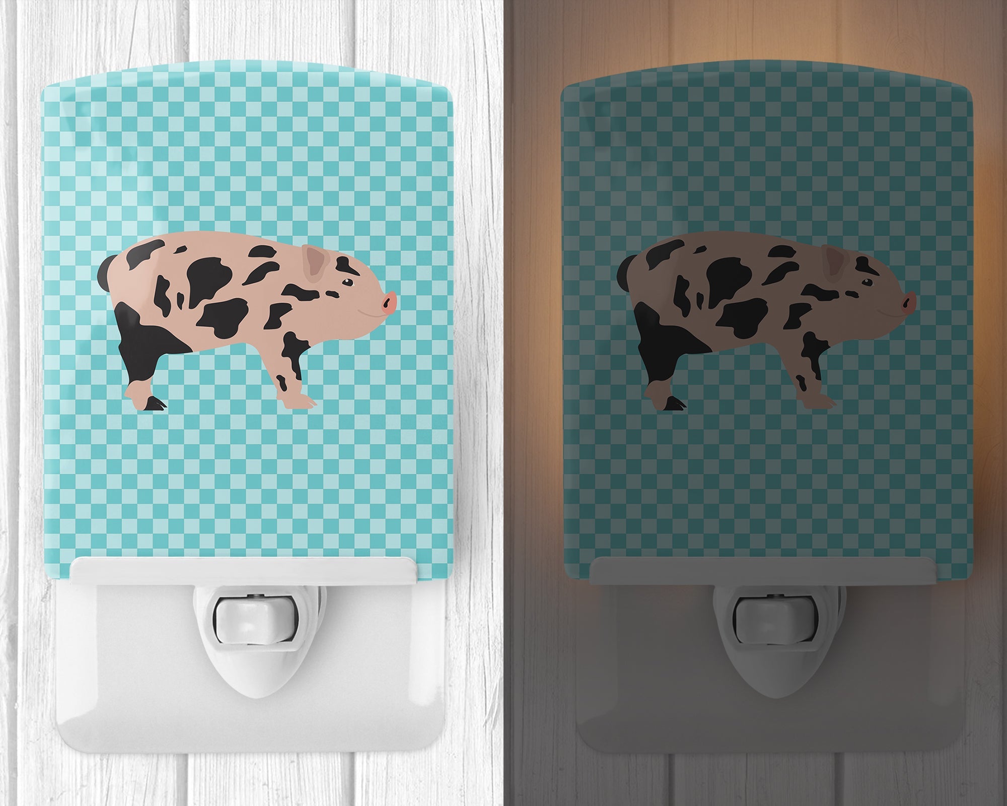 Mini Miniature Pig Blue Check Ceramic Night Light Compact, UL-Certified, Ideal for Bedroom, Bathroom, Nursery, Hallway, Kitchen, 6x4x3, Multicolor