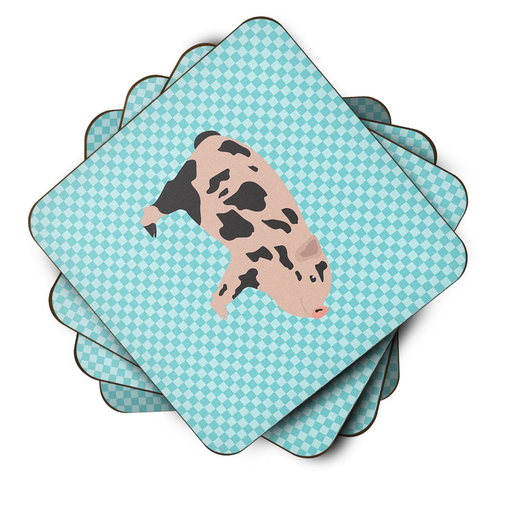 Mini Miniature Pig Blue Check Foam Coasters Set of 4 Cup Coasters for Indoor Outdoor, Tabletop Protection, Anti Slip, Mouse pad Material