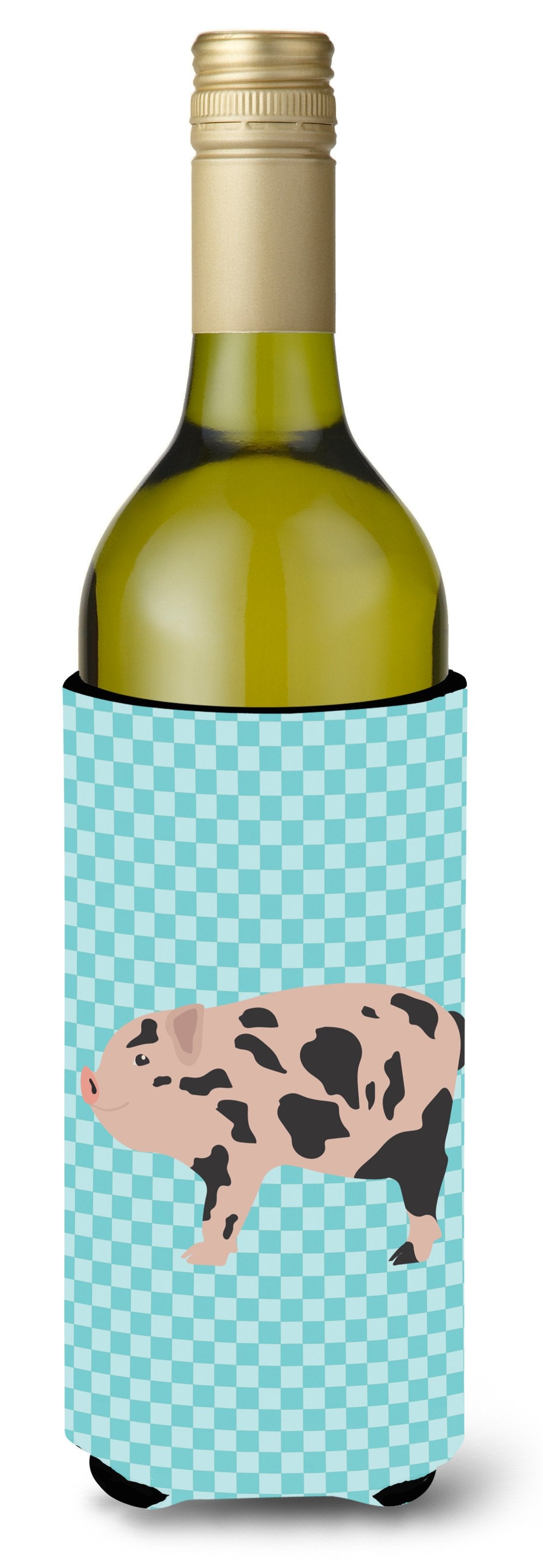Mini Miniature Pig Blue Check Wine Bottle Hugger Gift Sleeve for Standard 750 ml Bottles, Insulated Reusable Also Fits Mini Shot & Pint Bottles