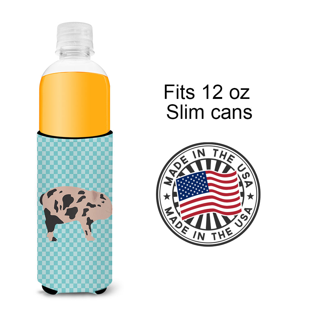 Mini Miniature Pig Blue Check Slim Can Hugger , Insulated Foam Hugger for 12 oz Slim Cans, Beer Bottles & Water Bottles, Printed in USA