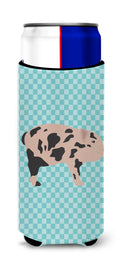 Mini Miniature Pig Blue Check Slim Can Hugger , Insulated Foam Hugger for 12 oz Slim Cans, Beer Bottles & Water Bottles, Printed in USA