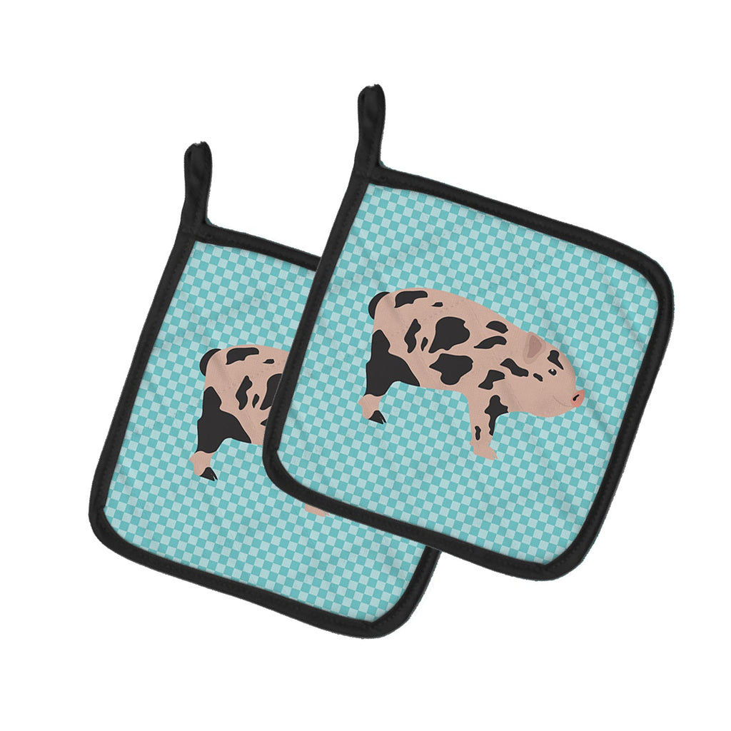 Mini Miniature Pig Blue Check Pot Holder Set of 2 Heat Resistant Quilted Hot Pads 7.5 x 7.5 Inch, Insulated Kitchen Trivets for Cooking & Baking