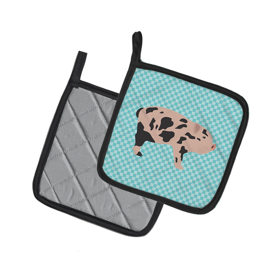 Mini Miniature Pig Blue Check Pot Holder Set of 2 Heat Resistant Quilted Hot Pads 7.5 x 7.5 Inch, Insulated Kitchen Trivets for Cooking & Baking