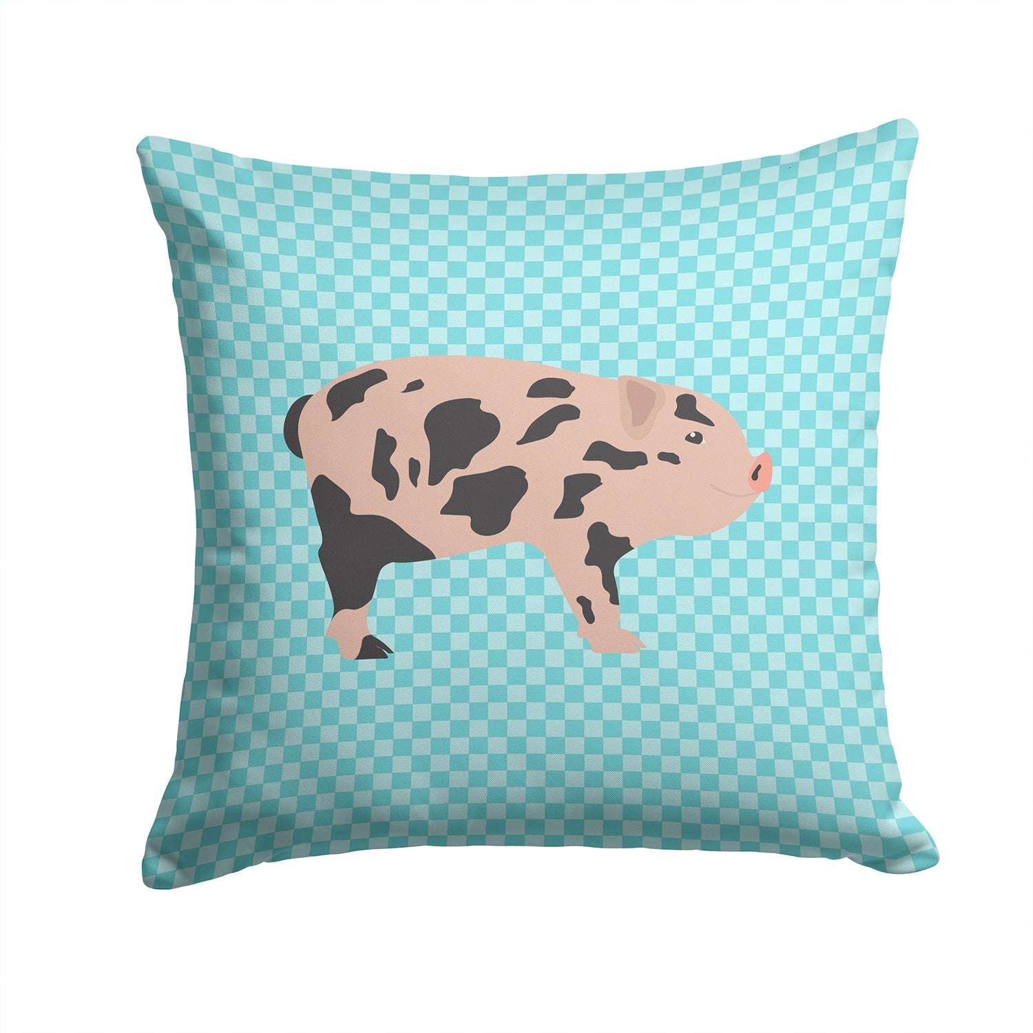 Mini Miniature Pig Blue Check Decorative Throw Pillow 14x14 Indoor Outdoor Accent Cushion, Fabric Cover with Insert for Sofa, Bed, Porch & Living Room